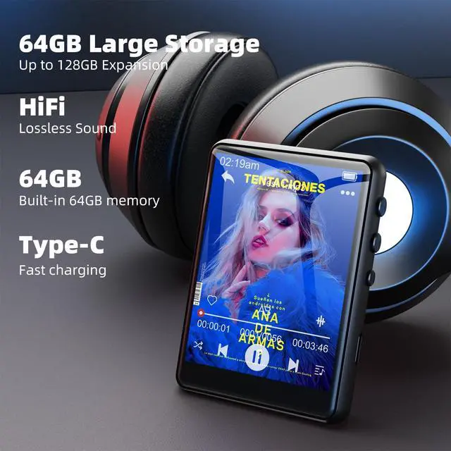 Alt view image 6 of 7 - MP3 Player with Bluetooth 5.3-64GB Portable Music Player with 2.4" Full Touch Screen, MP3 Player with HD Speaker, FM Radio, Video, Voice Recorder, HiFi Sound Shuffle Music Player Support up 128GB