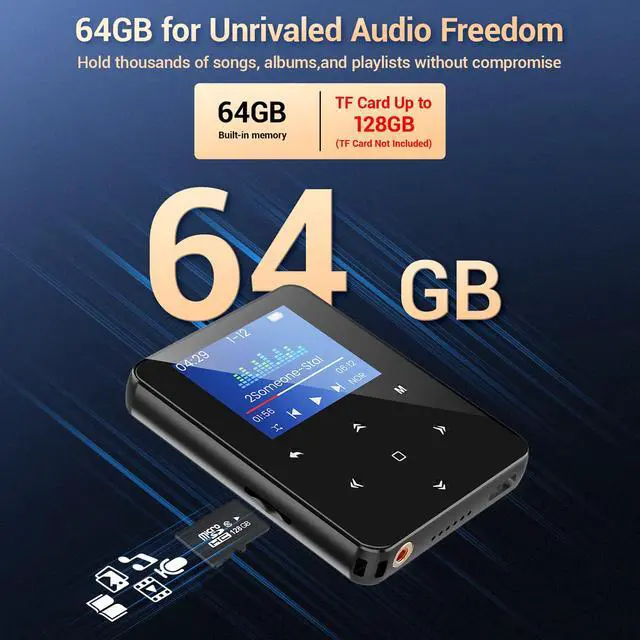 Alt view image 3 of 7 - Aeheqkl 64GB Bluetooth 5.3 MP3 Player, Hi-Fi Lossless Music Player with Speaker, Pocket Size for Running & Workout, FM Radio & Voice Recorder, Supports up to 128GB Micro SD, Ideal Tech Gift