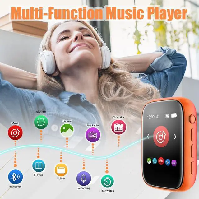 Alt view image 6 of 6 - MP3 Player with Sports Clip, Small Music Player with Bluetooth 5.3, Touch Screen, Built-in Speaker, Voice Recorder, FM Radio, Expandable Storage up to 512GB(Orange)