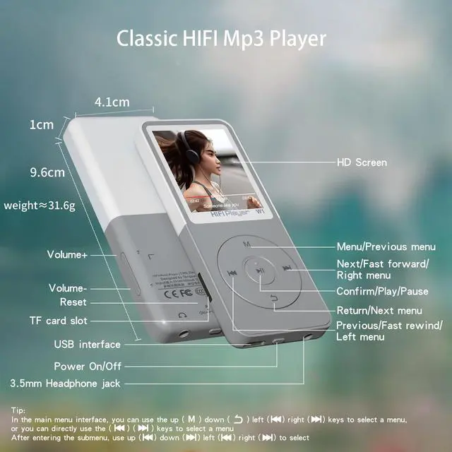 Alt view image 6 of 6 - CONODO MP3 Player with Bluetooth,Portable Music Player,Bluetooth MP3 Music Player with FM Radio,Recorder,E-Book,HiFi Sound,Two-Tone,SD Card Slot White 64GB