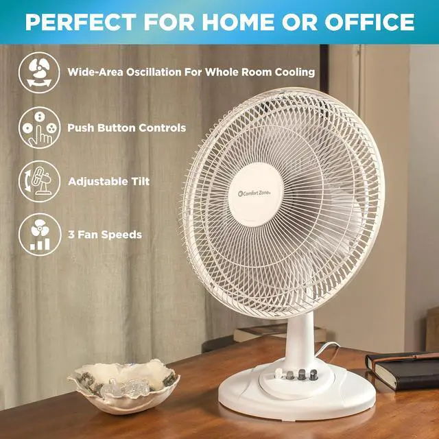 Alt view image 2 of 7 - Comfort Zone Oscillating Table Fan with Adjustable Tilt, Convenient Push Button Controls, Quiet, 12 inch, 3 Speed, Desk Fan, Airflow 7.25 ft/sec, Ideal for Home, Bedroom, Dorm & Office, CZ121WT