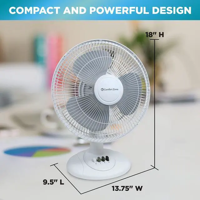 Alt view image 6 of 7 - Comfort Zone Oscillating Table Fan with Adjustable Tilt, Convenient Push Button Controls, Quiet, 12 inch, 3 Speed, Desk Fan, Airflow 7.25 ft/sec, Ideal for Home, Bedroom, Dorm & Office, CZ121WT