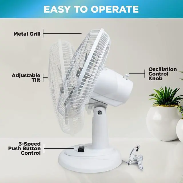 Alt view image 3 of 7 - Comfort Zone Oscillating Table Fan with Adjustable Tilt, Convenient Push Button Controls, Quiet, 12 inch, 3 Speed, Desk Fan, Airflow 7.25 ft/sec, Ideal for Home, Bedroom, Dorm & Office, CZ121WT