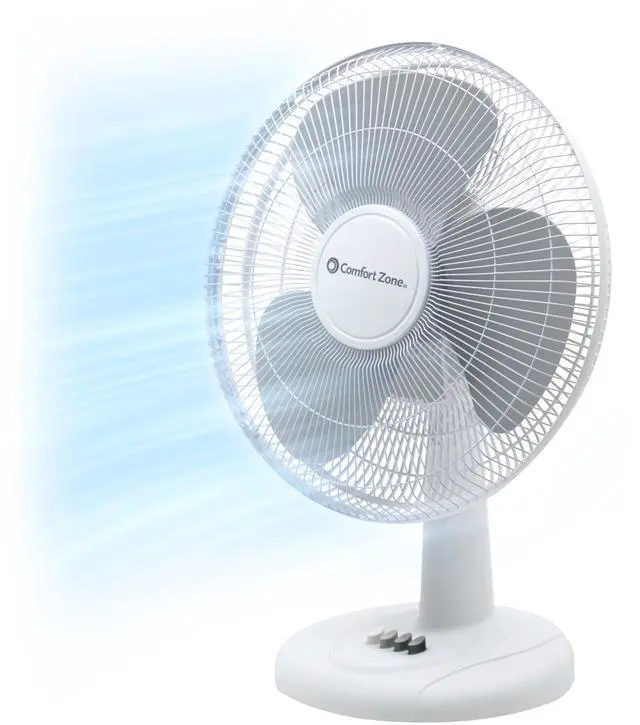 Main image of Comfort Zone Oscillating Table Fan with Adjustable Tilt, Convenient Push Button Controls, Quiet, 12 inch, 3 Speed, Desk Fan, Airflow 7.25 ft/sec, Ideal for Home, Bedroom, Dorm & Office, CZ121WT