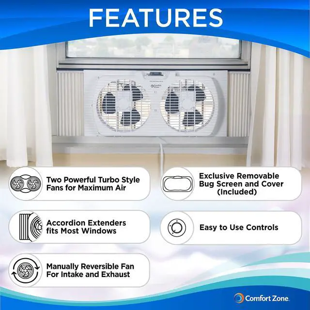 Alt view image 2 of 7 - Twin Window Fan with Reversible Airflow Control, 9 inch, Auto-Locking Expanders, 2 Speed Fan, Dual Fan, Exhaust, Airflow 9.84 ft/sec, Ideal for Home, Kitchen, Bedroom & Office, CZ319WT