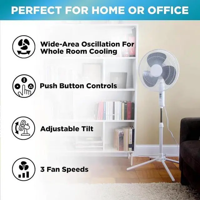 Alt view image 5 of 7 - EZ-Chill 16 Oscillating Pedestal Fan, 3-speed Options, 90-Degree Oscillating Head, Adjustable Height and Tilt, Powerful Air Flow, Black, MTFS-16B-BLK