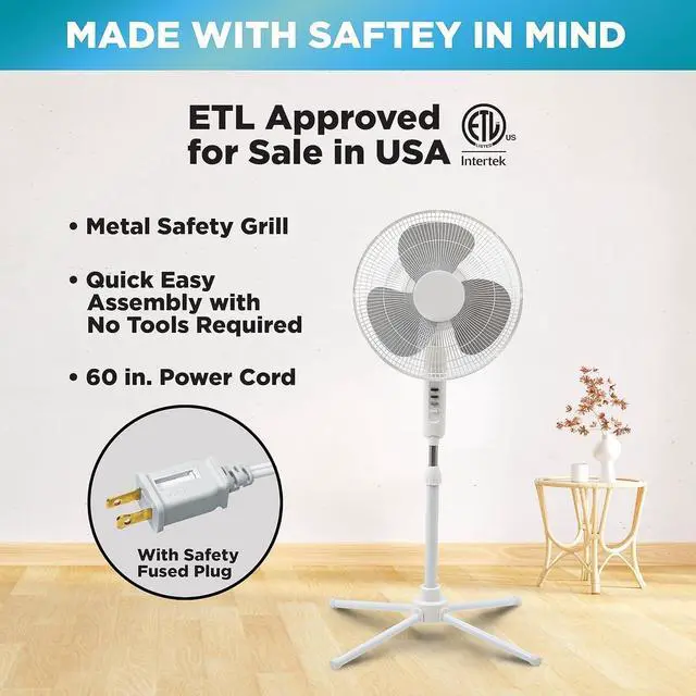 Alt view image 7 of 7 - EZ-Chill 16 Oscillating Pedestal Fan, 3-speed Options, 90-Degree Oscillating Head, Adjustable Height and Tilt, Powerful Air Flow, Black, MTFS-16B-BLK