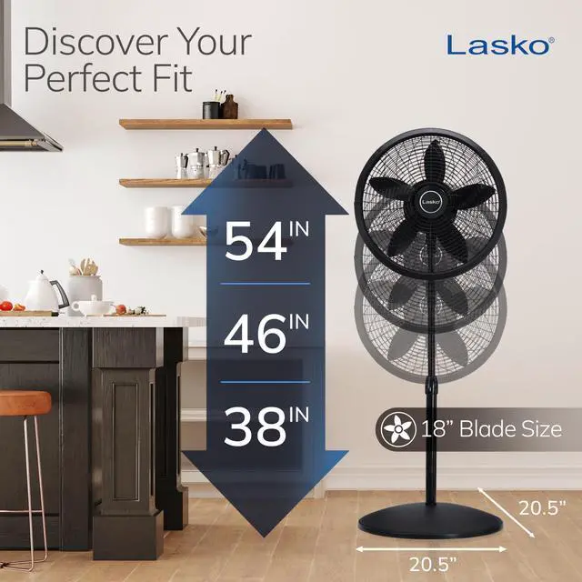 Alt view image 4 of 7 - Lasko Pedestal Fan, Oscillating Fan for Bedroom with Adjustable Height and 3 Cooling Speeds, Portable, 18", Black, 1827