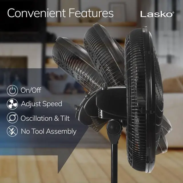 Alt view image 5 of 7 - Lasko Pedestal Fan, Oscillating Fan for Bedroom with Adjustable Height and 3 Cooling Speeds, Portable, 18", Black, 1827