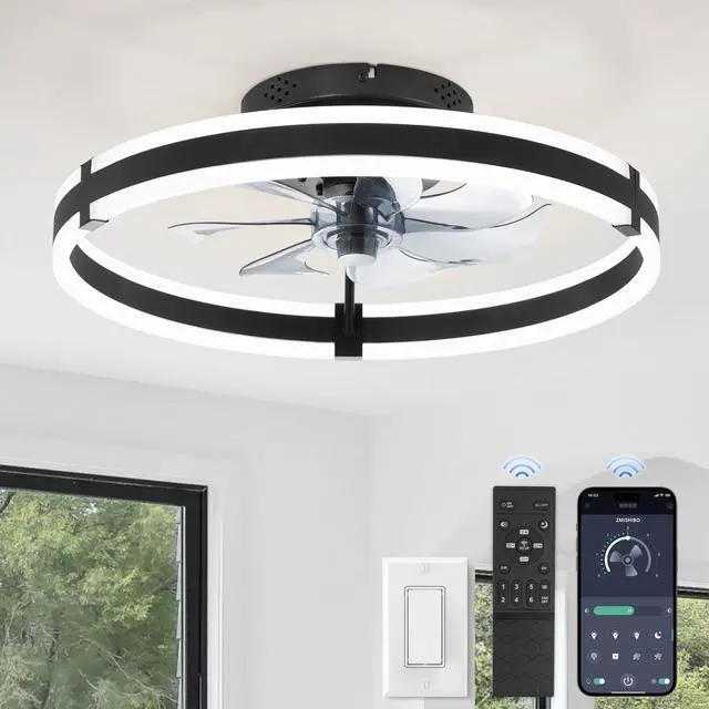Main image of ZMISHIBO Ceiling Fans with Lights and Remote, 19.7'' Low Profile Ceiling Fan, 3000-6000K Dimmable Modern Flush Mount LED Fan Light, 6 Wind Speeds, Black Fandelier Ceiling Fans for Bedroom