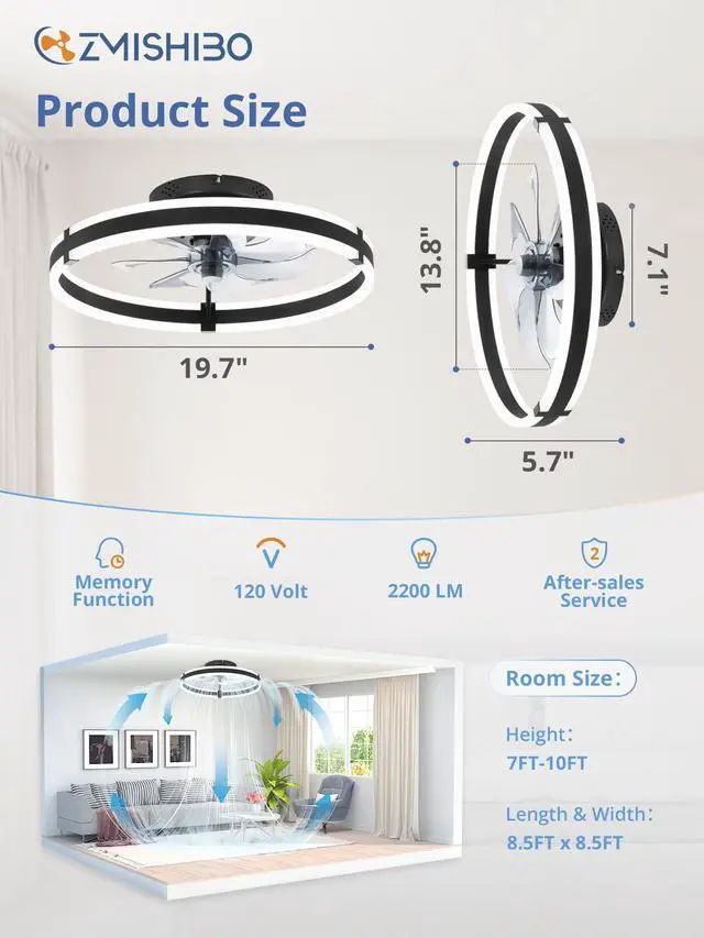 Alt view image 6 of 7 - ZMISHIBO Ceiling Fans with Lights and Remote, 19.7'' Low Profile Ceiling Fan, 3000-6000K Dimmable Modern Flush Mount LED Fan Light, 6 Wind Speeds, Black Fandelier Ceiling Fans for Bedroom
