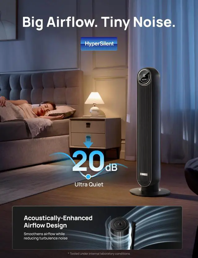 Alt view image 3 of 7 - Tower Fan for Bedroom, 2026 Upgraded DC Motor, 28ft/s High Velocity, 20dB Ultra Quiet Standing Fan, 8 Speeds 4 Modes, 90° Oscillating Bladeless Fan for Indoors, Floor Fans with Remote, Black