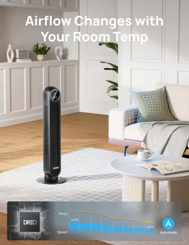Alt view image 7 of 7 - Tower Fan for Bedroom, 2026 Upgraded DC Motor, 28ft/s High Velocity, 20dB Ultra Quiet Standing Fan, 8 Speeds 4 Modes, 90° Oscillating Bladeless Fan for Indoors, Floor Fans with Remote, Black