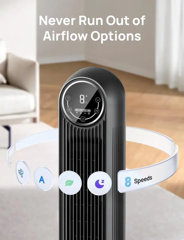 Alt view image 4 of 7 - Tower Fan for Bedroom, 2026 Upgraded DC Motor, 28ft/s High Velocity, 20dB Ultra Quiet Standing Fan, 8 Speeds 4 Modes, 90° Oscillating Bladeless Fan for Indoors, Floor Fans with Remote, Black