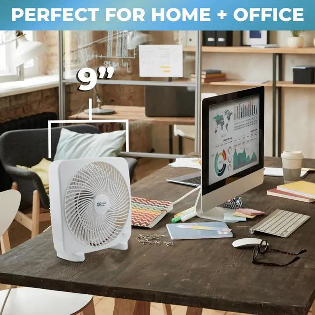Alt view image 3 of 7 - 9-inch Portable Box Fan Compact Desktop Cooling Fan with 3-Speeds, Quiet Operation, Built-in Carry Handle & Safety Grill ETL Listed for Home, Office, or Dorm White