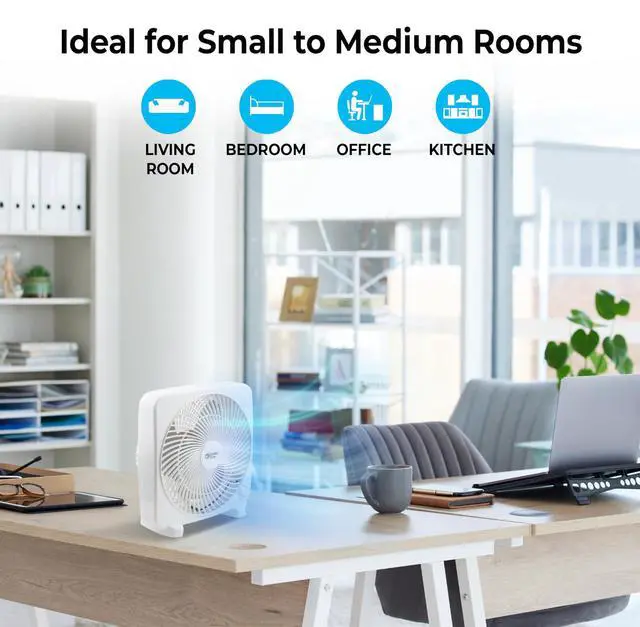 Alt view image 6 of 7 - 9-inch Portable Box Fan Compact Desktop Cooling Fan with 3-Speeds, Quiet Operation, Built-in Carry Handle & Safety Grill ETL Listed for Home, Office, or Dorm White