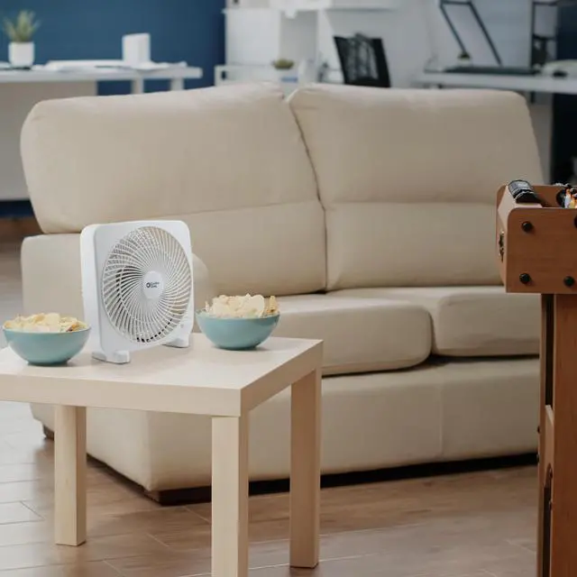 Alt view image 7 of 7 - 9-inch Portable Box Fan Compact Desktop Cooling Fan with 3-Speeds, Quiet Operation, Built-in Carry Handle & Safety Grill ETL Listed for Home, Office, or Dorm White