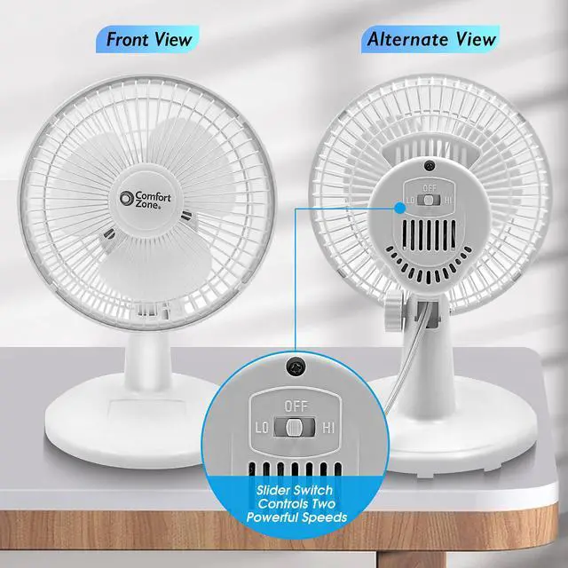 Alt view image 7 of 7 - Comfort Zone CZ6D 6" Quiet Portable Indoor 2-Speed Desk Fan with Clip and Fully Adjustable Tilt in White
