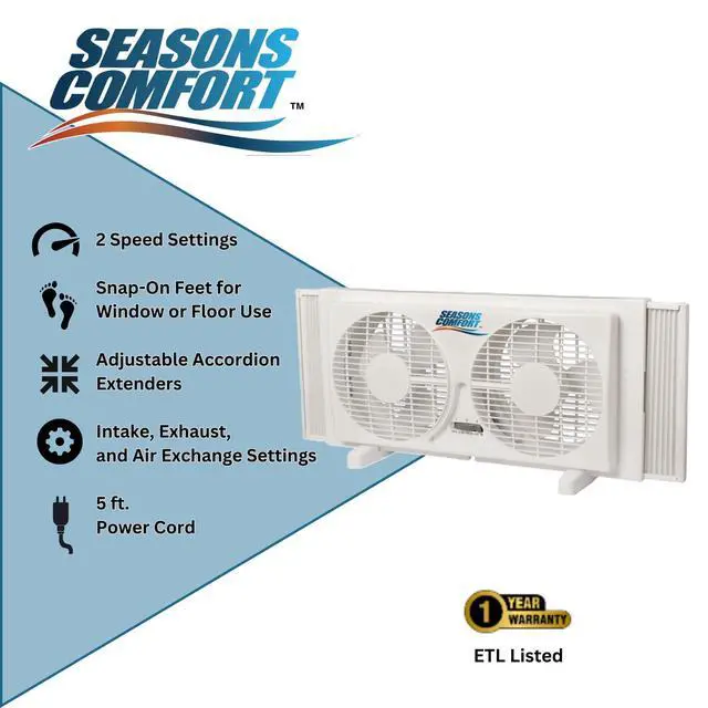 Alt view image 3 of 7 - Seasons Comfort Twin Window Fan, Reversible Airflow Control, 9 Inch, 2 Speeds, Expandable, Exhaust, Dual Fan - Ideal for Home, Kitchen, Bedroom & Office