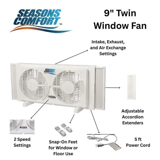 Alt view image 2 of 7 - Seasons Comfort Twin Window Fan, Reversible Airflow Control, 9 Inch, 2 Speeds, Expandable, Exhaust, Dual Fan - Ideal for Home, Kitchen, Bedroom & Office