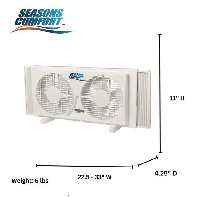 Alt view image 5 of 7 - Seasons Comfort Twin Window Fan, Reversible Airflow Control, 9 Inch, 2 Speeds, Expandable, Exhaust, Dual Fan - Ideal for Home, Kitchen, Bedroom & Office