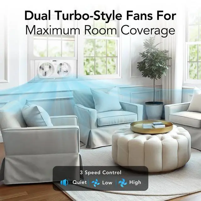 Alt view image 2 of 7 - Comfort Zone 9-Inch 3-Speed Reversible Twin Window Fan Dual Blade Window Exhaust Fan with Auto-Locking Expanders, 22.25" to 33" Wide Tabletop Feet & Removable Bug Screen included