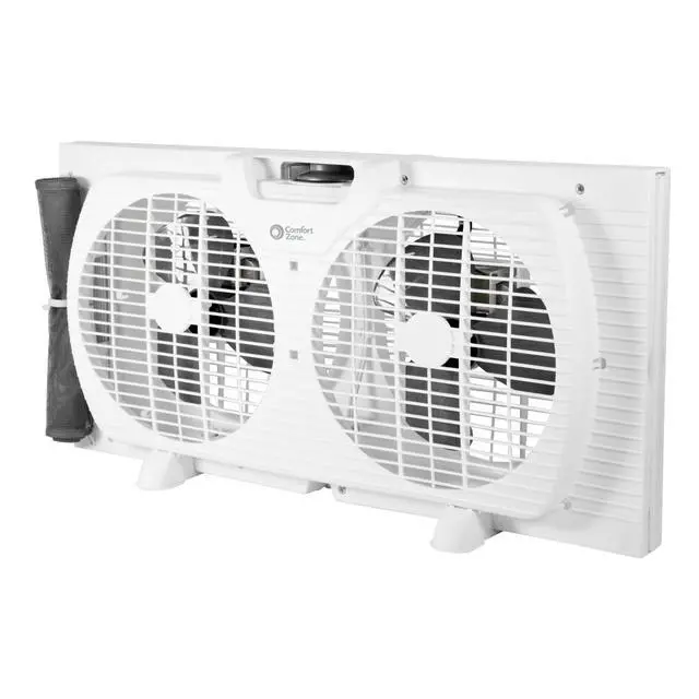 Main image of Comfort Zone 9-Inch 3-Speed Reversible Twin Window Fan Dual Blade Window Exhaust Fan with Auto-Locking Expanders, 22.25" to 33" Wide Tabletop Feet & Removable Bug Screen included