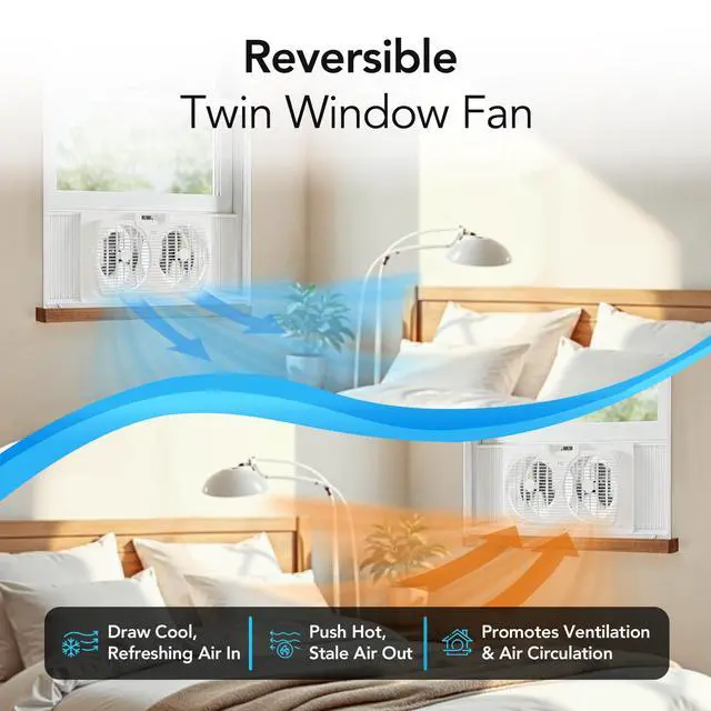 Alt view image 3 of 7 - Comfort Zone 9-Inch 3-Speed Reversible Twin Window Fan Dual Blade Window Exhaust Fan with Auto-Locking Expanders, 22.25" to 33" Wide Tabletop Feet & Removable Bug Screen included