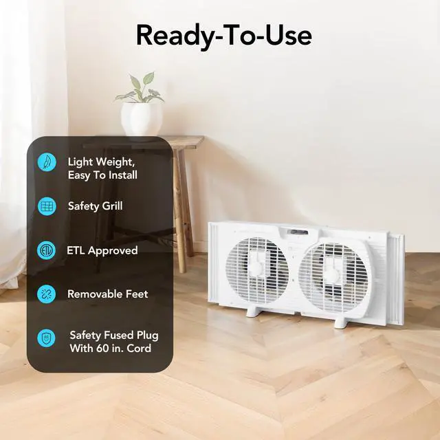 Alt view image 5 of 7 - Comfort Zone 9-Inch 3-Speed Reversible Twin Window Fan Dual Blade Window Exhaust Fan with Auto-Locking Expanders, 22.25" to 33" Wide Tabletop Feet & Removable Bug Screen included