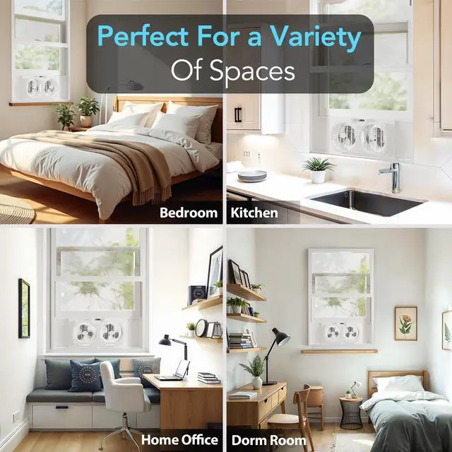 Alt view image 7 of 7 - Comfort Zone 9-Inch 3-Speed Reversible Twin Window Fan Dual Blade Window Exhaust Fan with Auto-Locking Expanders, 22.25" to 33" Wide Tabletop Feet & Removable Bug Screen included