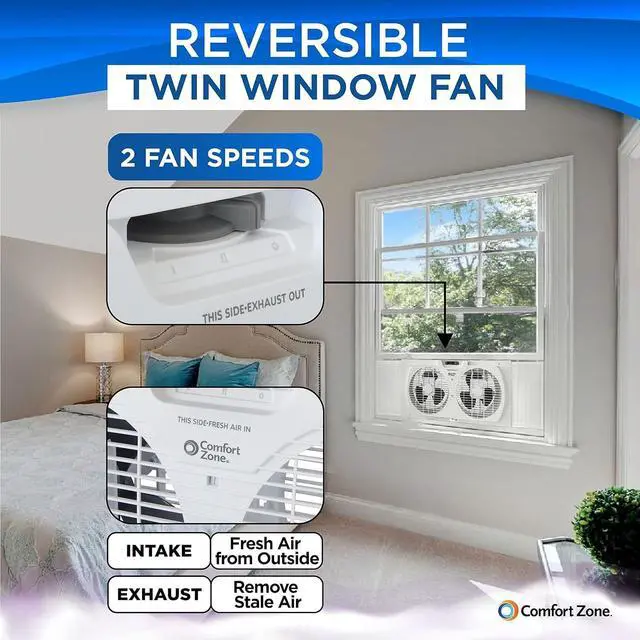 Alt view image 2 of 5 - EZ-CHILL 9" Twin Window Fan with Manually Reversible Airflow Control, Auto-Locking Expanders, 2 Speed, Dual Fan, Exhaust, Airflow 9.84 ft/sec, Ideal for Home, Kitchen, Bedroom & Office, White