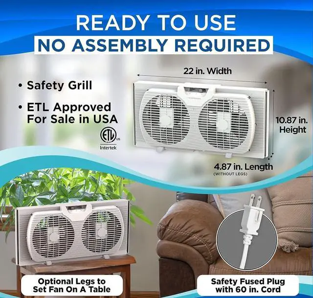 Alt view image 3 of 5 - EZ-CHILL 9" Twin Window Fan with Manually Reversible Airflow Control, Auto-Locking Expanders, 2 Speed, Dual Fan, Exhaust, Airflow 9.84 ft/sec, Ideal for Home, Kitchen, Bedroom & Office, White