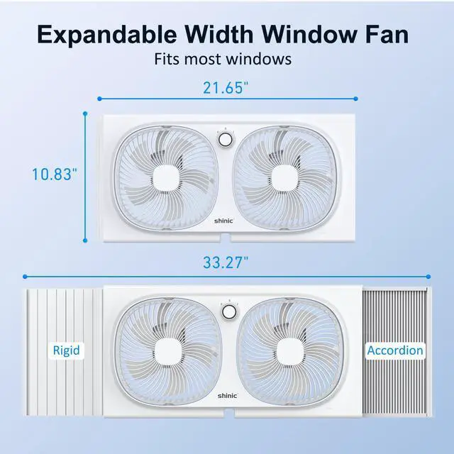 Alt view image 4 of 7 - shinic 9" Twin Window Fan with 180°+90° Rotatable Fans, 2-Speeds, Vertical Window Fan with Rigid & Accordion Expanders, Width Adjustable (21.65" to 33.27"), Ideal for Home, Kitchen, Bedroom, Office