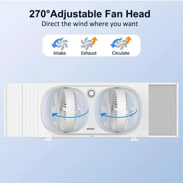 Alt view image 3 of 7 - shinic 9" Twin Window Fan with 180°+90° Rotatable Fans, 2-Speeds, Vertical Window Fan with Rigid & Accordion Expanders, Width Adjustable (21.65" to 33.27"), Ideal for Home, Kitchen, Bedroom, Office