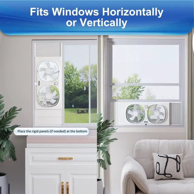 Alt view image 5 of 7 - shinic 9" Twin Window Fan with 180°+90° Rotatable Fans, 2-Speeds, Vertical Window Fan with Rigid & Accordion Expanders, Width Adjustable (21.65" to 33.27"), Ideal for Home, Kitchen, Bedroom, Office