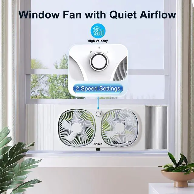 Alt view image 2 of 7 - shinic 9" Twin Window Fan with 180°+90° Rotatable Fans, 2-Speeds, Vertical Window Fan with Rigid & Accordion Expanders, Width Adjustable (21.65" to 33.27"), Ideal for Home, Kitchen, Bedroom, Office