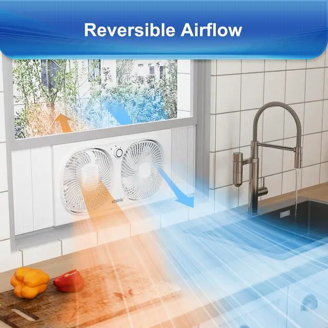Alt view image 6 of 7 - shinic 9" Twin Window Fan with 180°+90° Rotatable Fans, 2-Speeds, Vertical Window Fan with Rigid & Accordion Expanders, Width Adjustable (21.65" to 33.27"), Ideal for Home, Kitchen, Bedroom, Office
