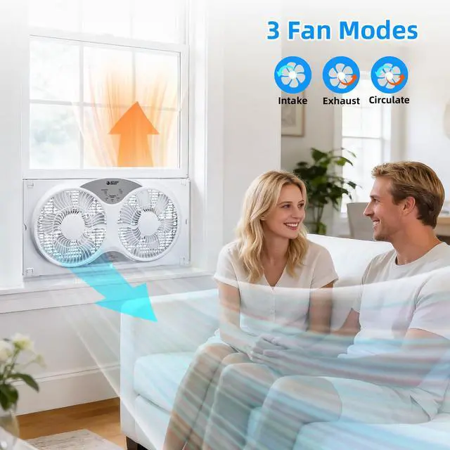 Alt view image 4 of 7 - BEYOND BREEZE Window Fan Reversible Airflow, 9" Dual Window Fan with 3-Speed 3 Modes (Cool, Circulate, Exhaust), Remote Control Twin Window Fan 23.5" to 37" Adjustable Width for Bedroom, Kitchen, Home