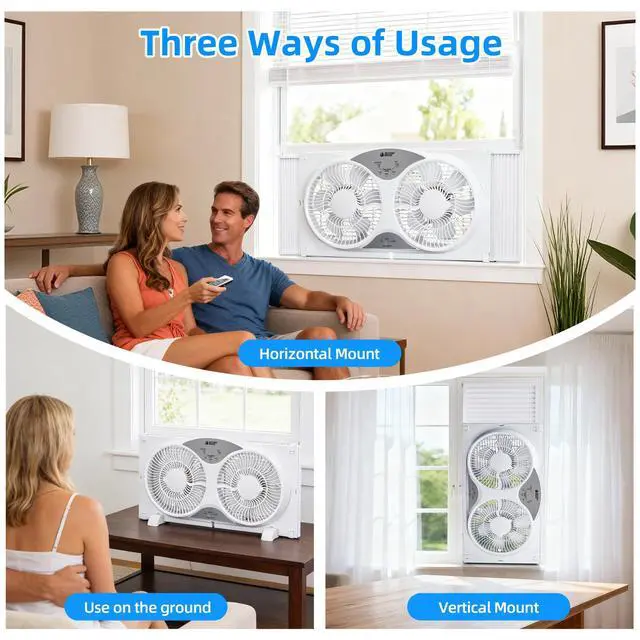 Alt view image 3 of 7 - BEYOND BREEZE Window Fan Reversible Airflow, 9" Dual Window Fan with 3-Speed 3 Modes (Cool, Circulate, Exhaust), Remote Control Twin Window Fan 23.5" to 37" Adjustable Width for Bedroom, Kitchen, Home