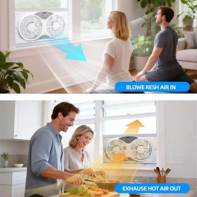 Alt view image 6 of 7 - BEYOND BREEZE Window Fan Reversible Airflow, 9" Dual Window Fan with 3-Speed 3 Modes (Cool, Circulate, Exhaust), Remote Control Twin Window Fan 23.5" to 37" Adjustable Width for Bedroom, Kitchen, Home