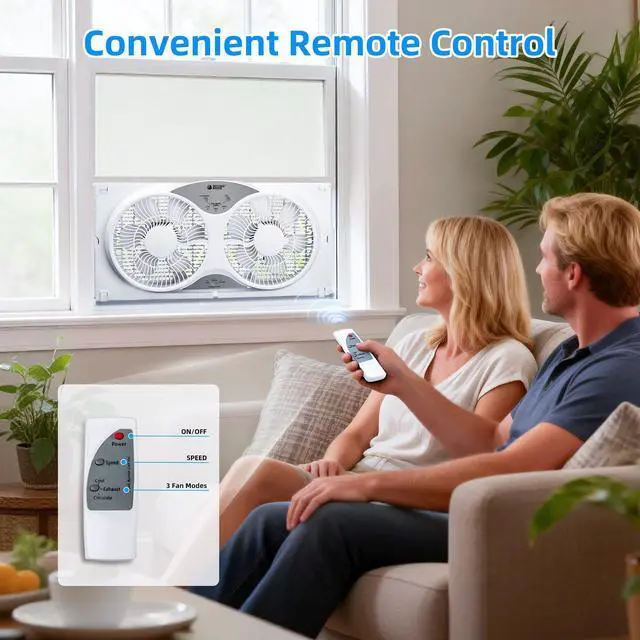 Alt view image 7 of 7 - BEYOND BREEZE Window Fan Reversible Airflow, 9" Dual Window Fan with 3-Speed 3 Modes (Cool, Circulate, Exhaust), Remote Control Twin Window Fan 23.5" to 37" Adjustable Width for Bedroom, Kitchen, Home
