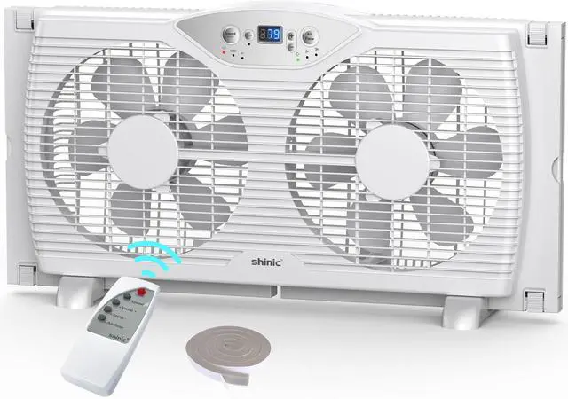 Main image of shinic Twin Window Fan, 9-Inch Blades Reversible Airflow, Thermostat Control, 3 Speeds, 23.8"-37" Expandable Width, Window Exchaust Fans for Home Bedroom, ETL Certified