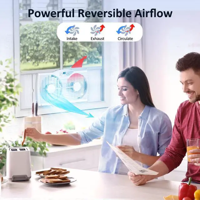 Alt view image 2 of 7 - shinic Twin Window Fan, 9-Inch Blades Reversible Airflow, Thermostat Control, 3 Speeds, 23.8"-37" Expandable Width, Window Exchaust Fans for Home Bedroom, ETL Certified