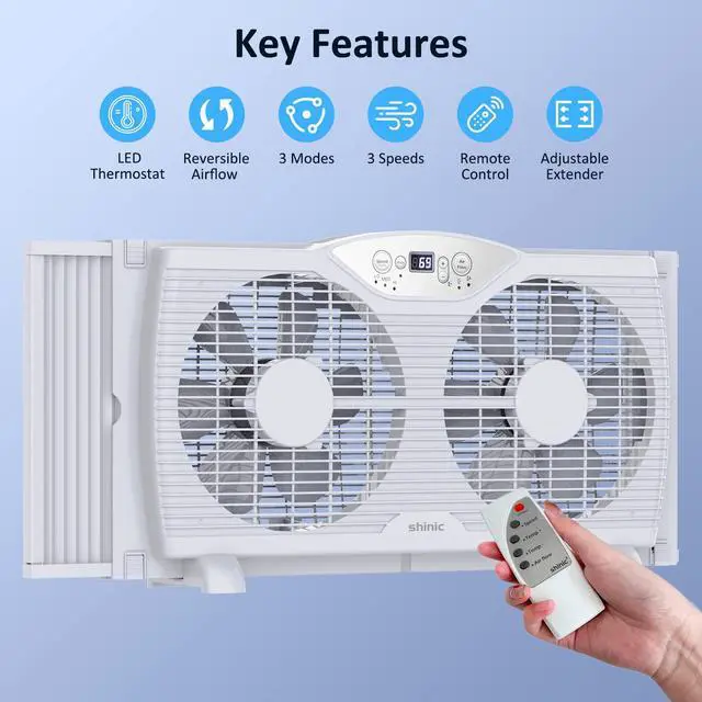 Alt view image 6 of 7 - shinic Twin Window Fan, 9-Inch Blades Reversible Airflow, Thermostat Control, 3 Speeds, 23.8"-37" Expandable Width, Window Exchaust Fans for Home Bedroom, ETL Certified