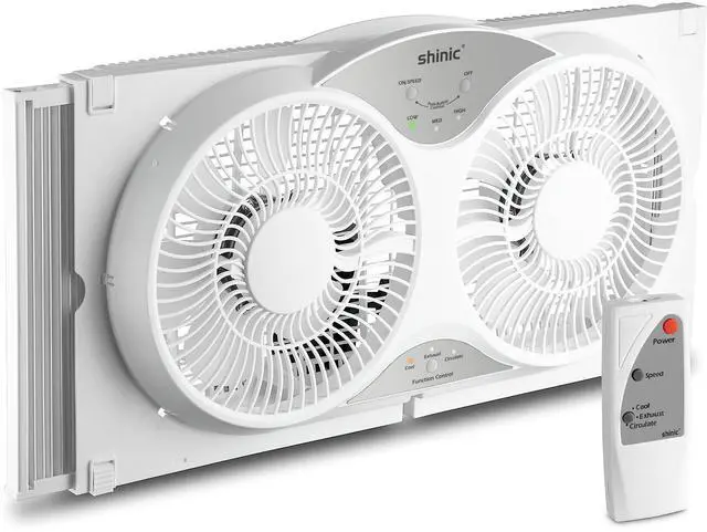 Main image of shinic 9" Twin Window Fan with Reversible Airflow, Removable Cover and Bug Screen, Remote Control, 3 Functions-3 Speeds, Width Adjustable (23.5" to 37"), Bathroom Kitchen Window Fan ETL Certified