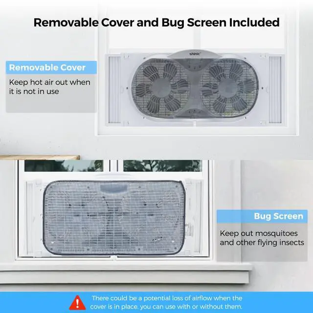 Alt view image 2 of 7 - shinic 9" Twin Window Fan with Reversible Airflow, Removable Cover and Bug Screen, Remote Control, 3 Functions-3 Speeds, Width Adjustable (23.5" to 37"), Bathroom Kitchen Window Fan ETL Certified