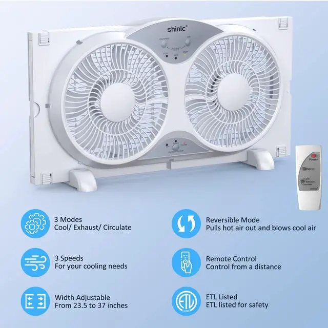 Alt view image 3 of 7 - shinic 9" Twin Window Fan with Reversible Airflow, Removable Cover and Bug Screen, Remote Control, 3 Functions-3 Speeds, Width Adjustable (23.5" to 37"), Bathroom Kitchen Window Fan ETL Certified