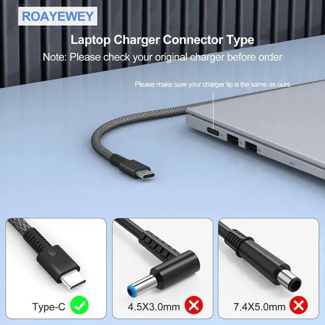 Alt view image 3 of 7 - ROAYEWEY New Slim 65W USB C Charger Compatible with HP Spectre X360 14 2 in 1,Elitebook x360, Pavilion Envy Elite x2 Fast Charging Type C Travel Laptop Power Adapter