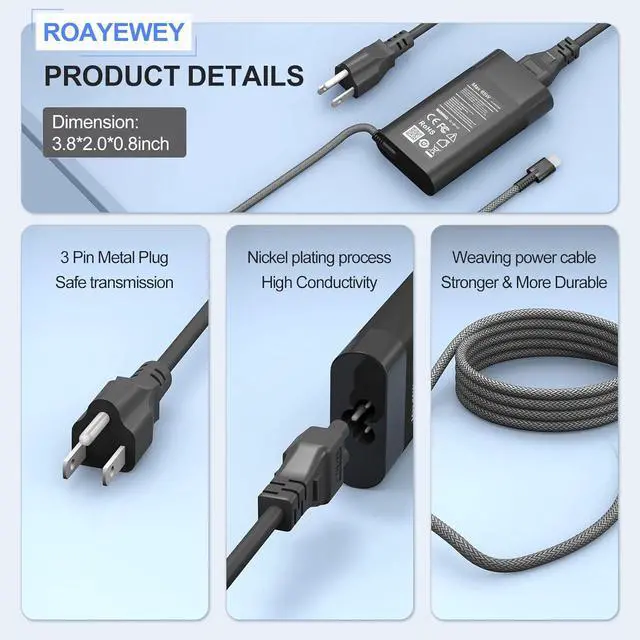 Alt view image 5 of 7 - ROAYEWEY New Slim 65W USB C Charger Compatible with HP Spectre X360 14 2 in 1,Elitebook x360, Pavilion Envy Elite x2 Fast Charging Type C Travel Laptop Power Adapter
