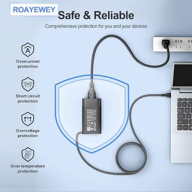 Alt view image 6 of 7 - ROAYEWEY New Slim 65W USB C Charger Compatible with HP Spectre X360 14 2 in 1,Elitebook x360, Pavilion Envy Elite x2 Fast Charging Type C Travel Laptop Power Adapter